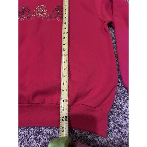 VINTAGE L Sweatshirt Red Bedazzled Christmas Trees SUNBURST Long Sleeve Grandma - Picture 5 of 7